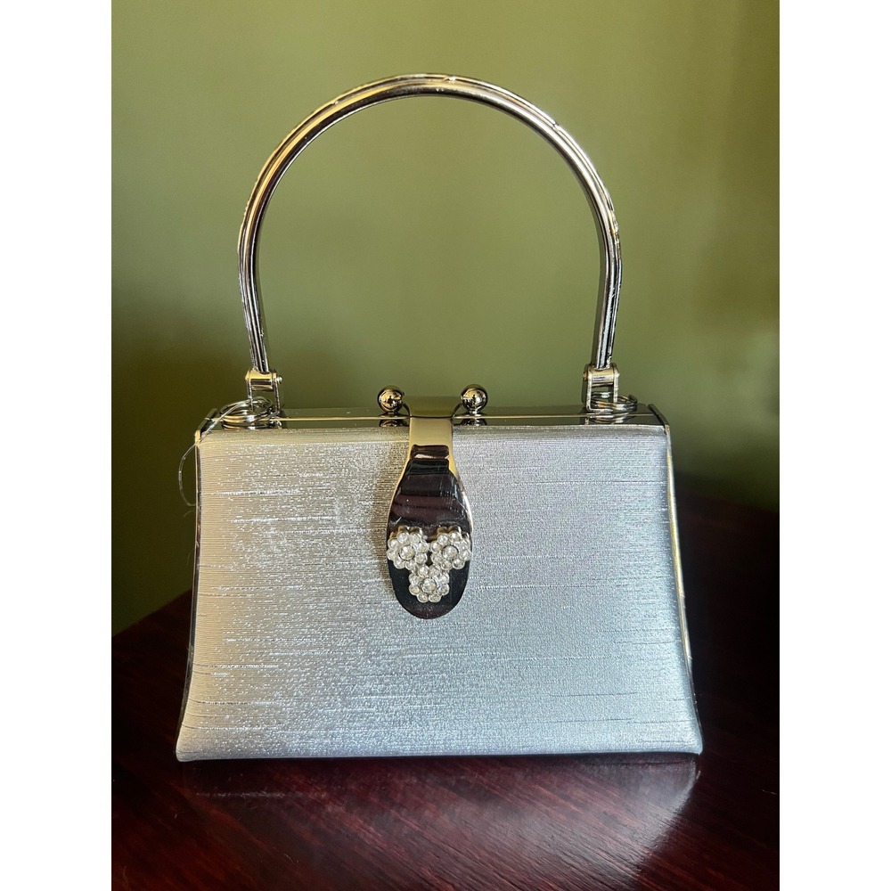 Silver Metallic Evening Clutch Bag Rhinestone Floral Clasp Formal Handbag